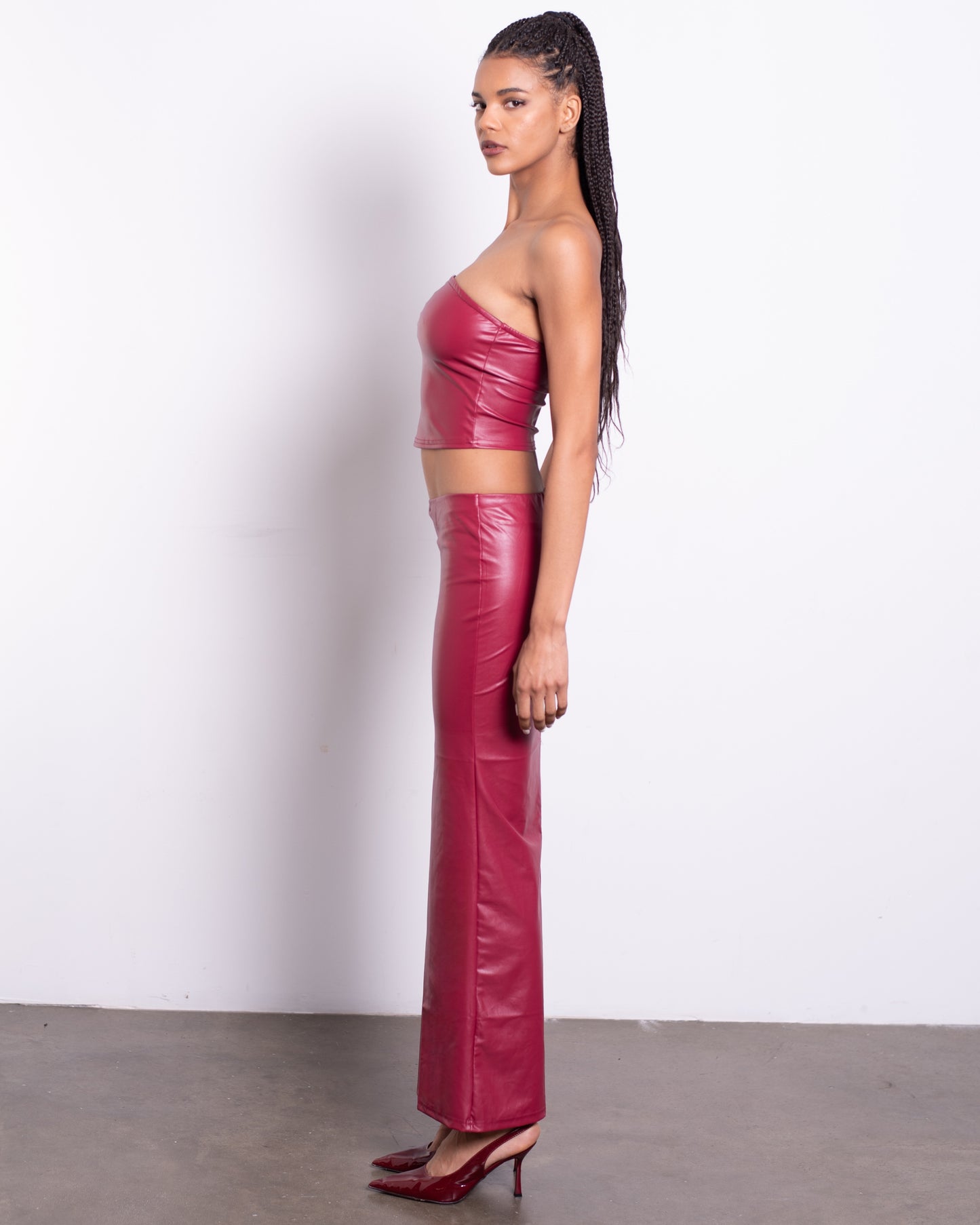 Wine Red Luxury Low Waist Skirt & Casual Tube Top. Matching Leather Set