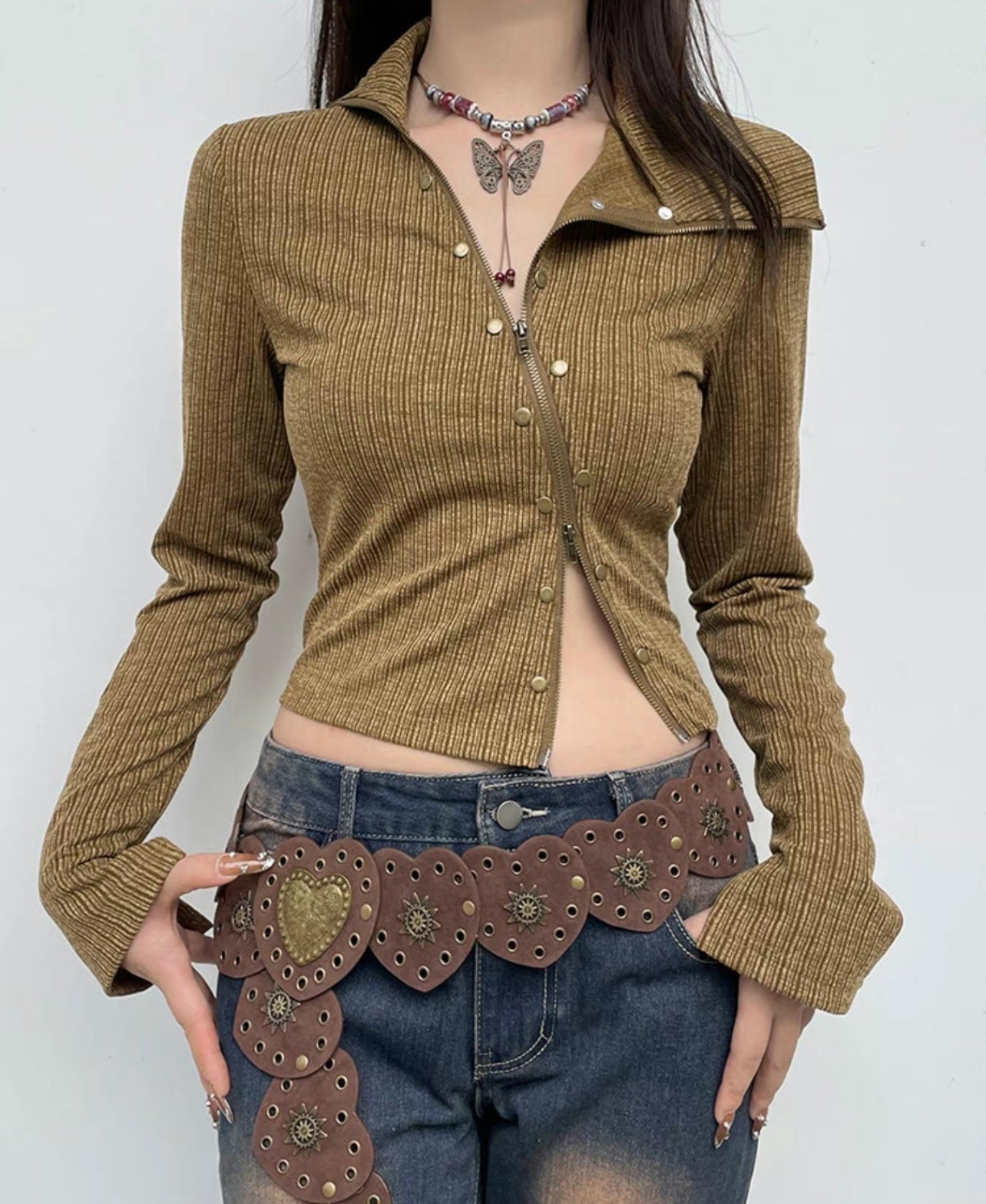 Irregular Rivet Zipper T-shirt Women. Trendy Vintage Sweater QVA