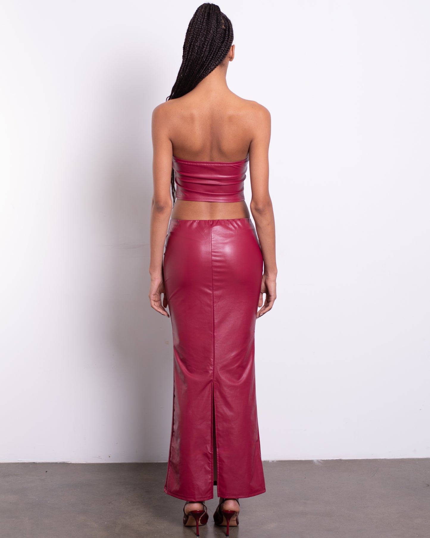Wine Red Luxury Low Waist Skirt & Casual Tube Top. Matching Leather Set