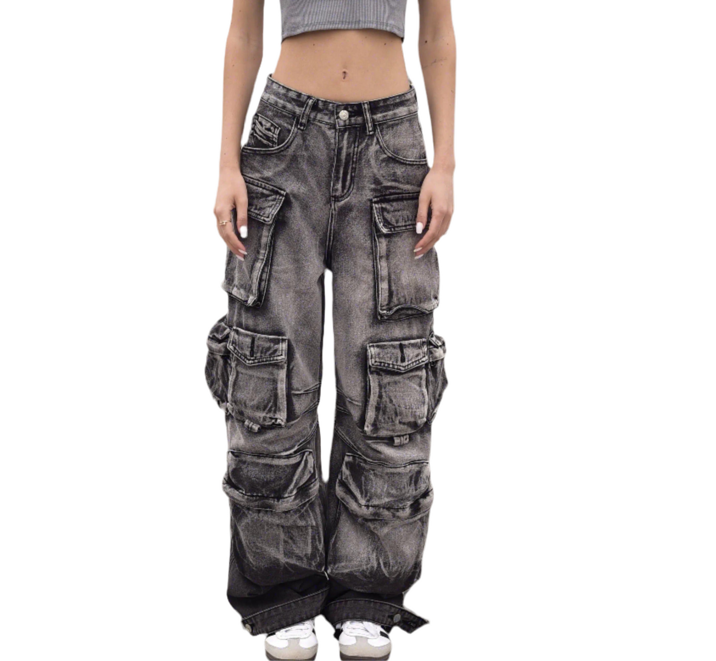 Washed Black Baggy Jeans. Trendy Cargo Pants QVA COUTURE