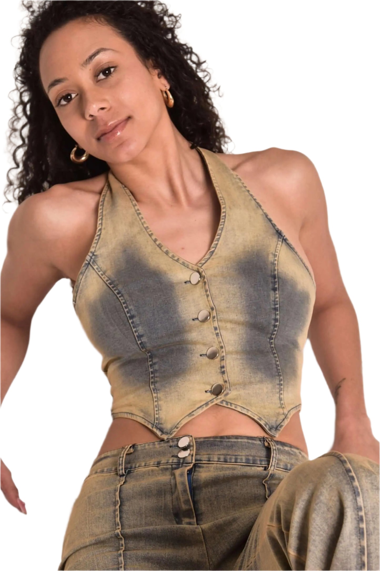 Med Wash Denim Top - QVA COUTURE