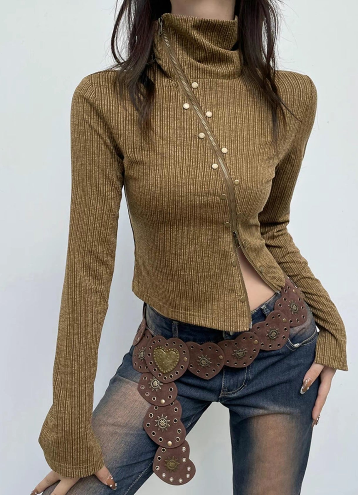 Irregular Rivet Zipper T-shirt Women. Trendy Vintage Sweater QVA