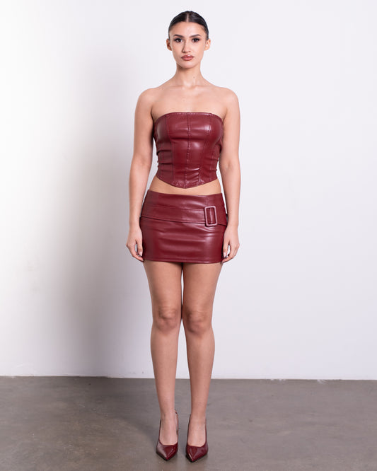 Wine Red PU Top and Mini Skirt. Two Piece Leather Sets.