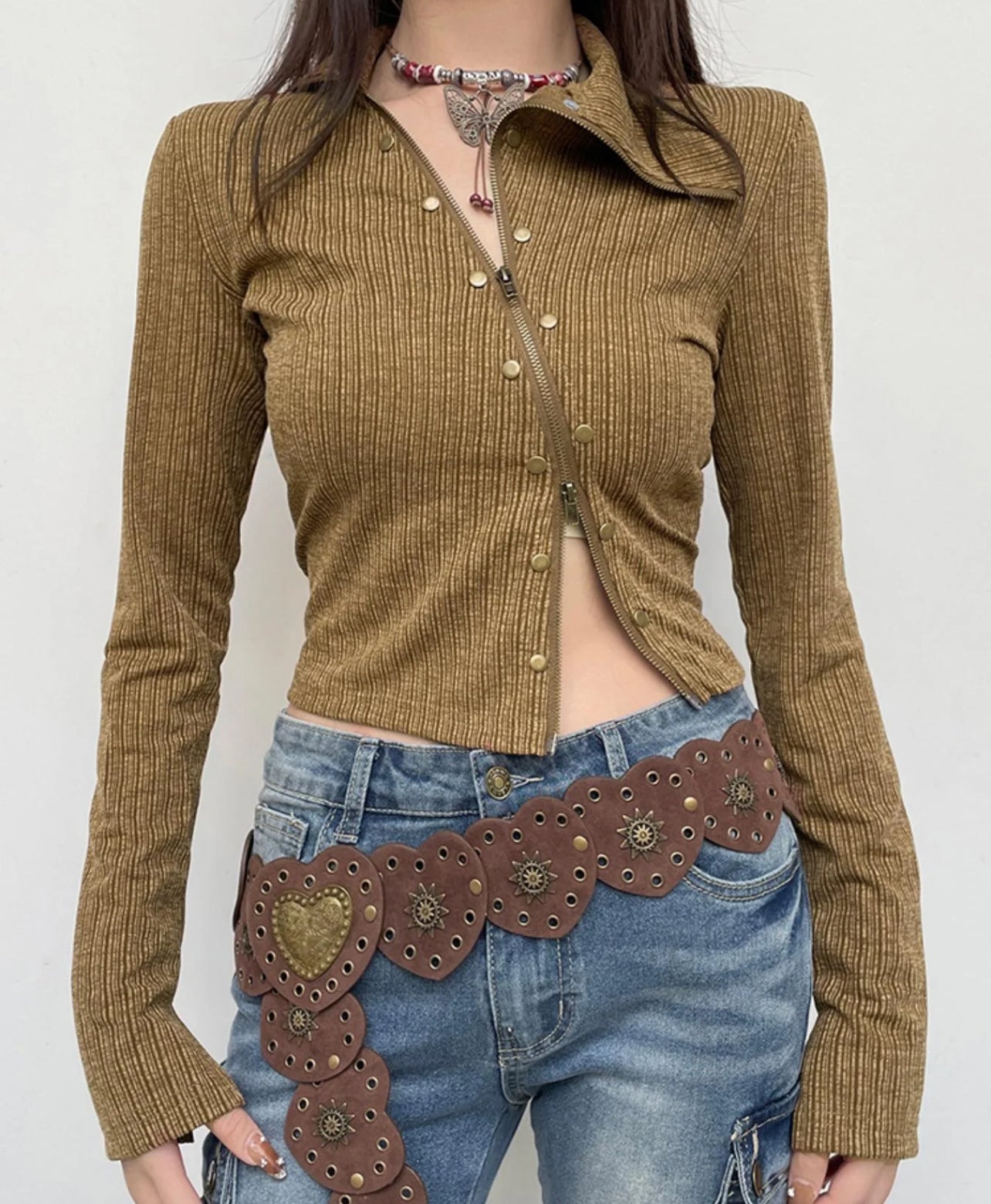 Irregular Rivet Zipper T-shirt Women. Trendy Vintage Sweater QVA
