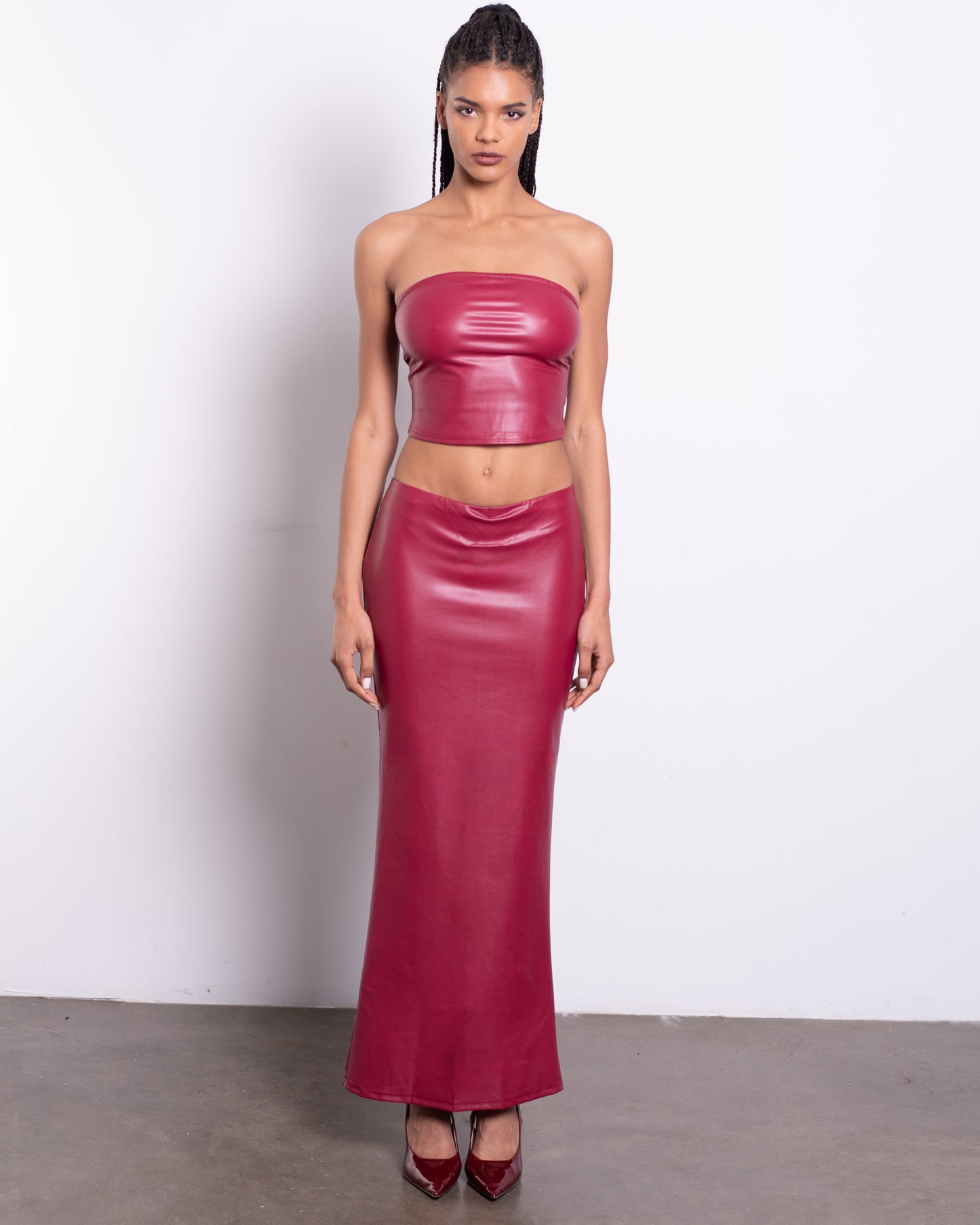 Wine Red Luxury Low Waist Skirt & Casual Tube Top. Matching Leather Set