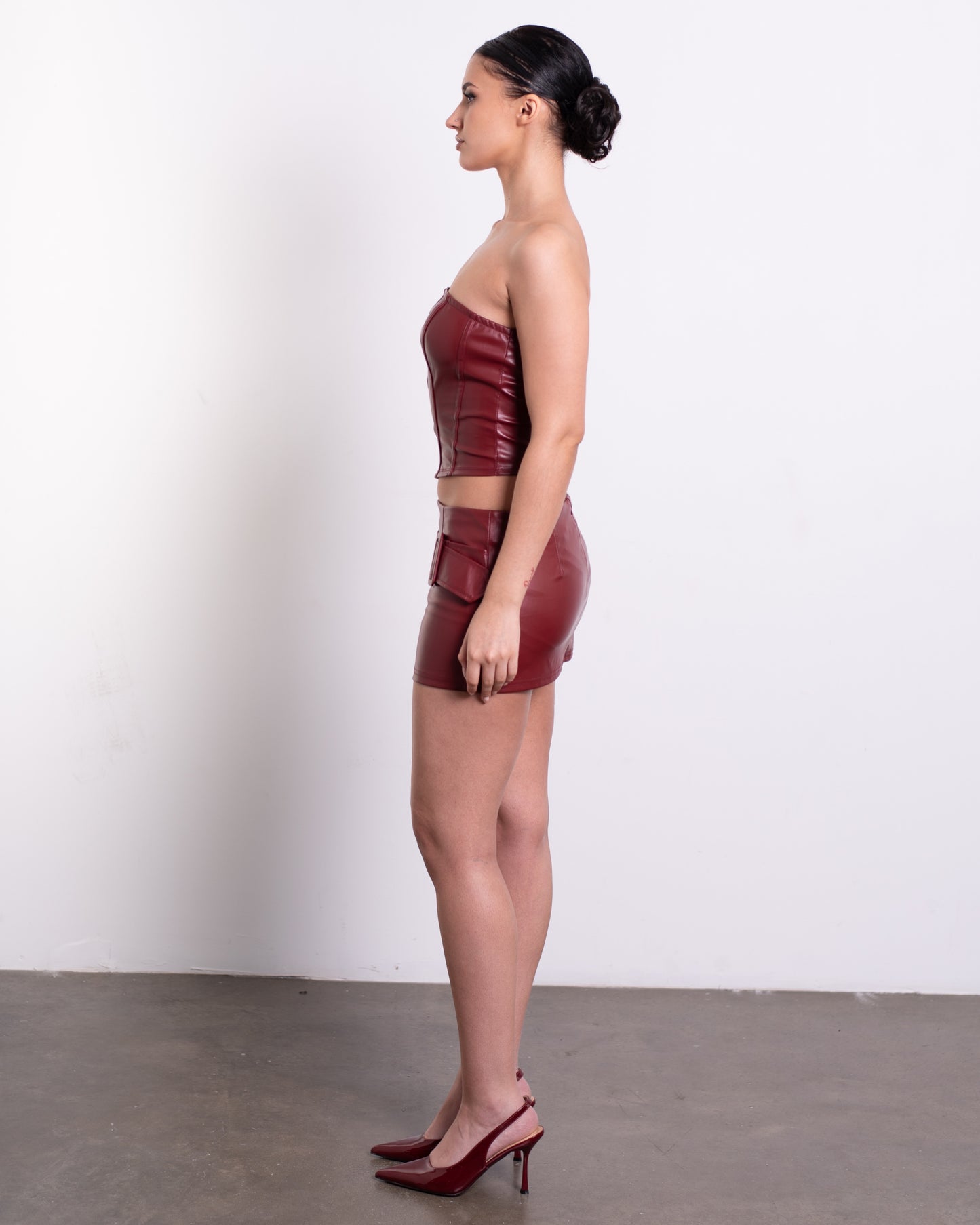 Wine Red PU Top and Mini Skirt. Two Piece Leather Sets.