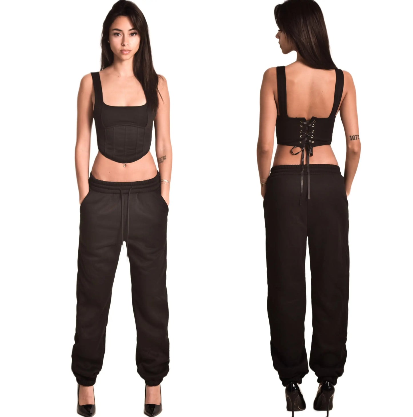 Matching Black fleece jogger. Trendy Women's Pants. - QVA COUTURE