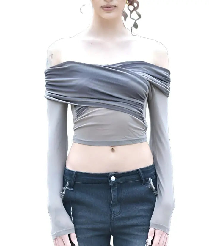 Pleated Slim Fit Top Off-Shoulder Women's Top - QVA COUTURE