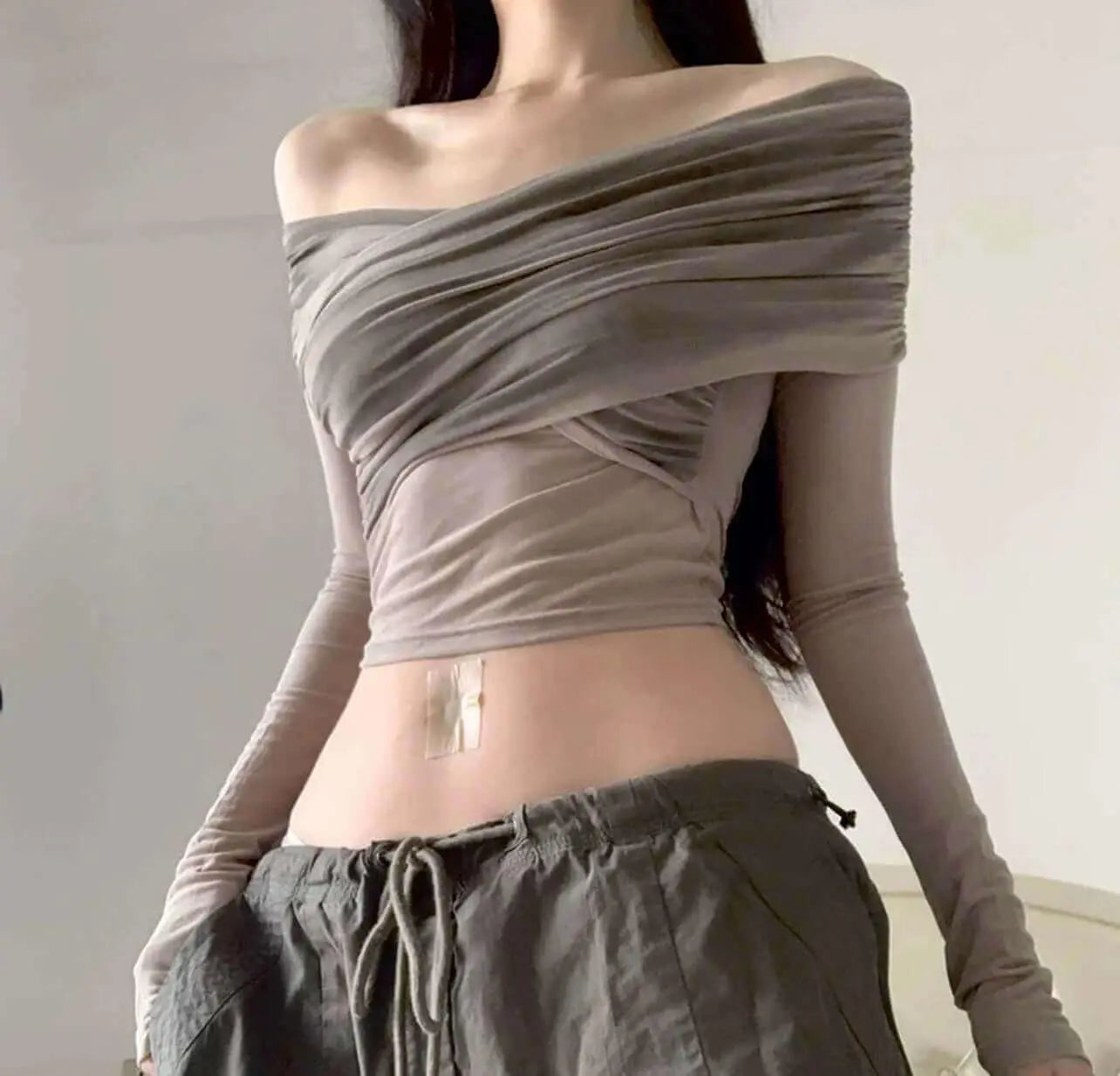 Pleated Slim Fit Top Off-Shoulder Women's Top - QVA COUTURE