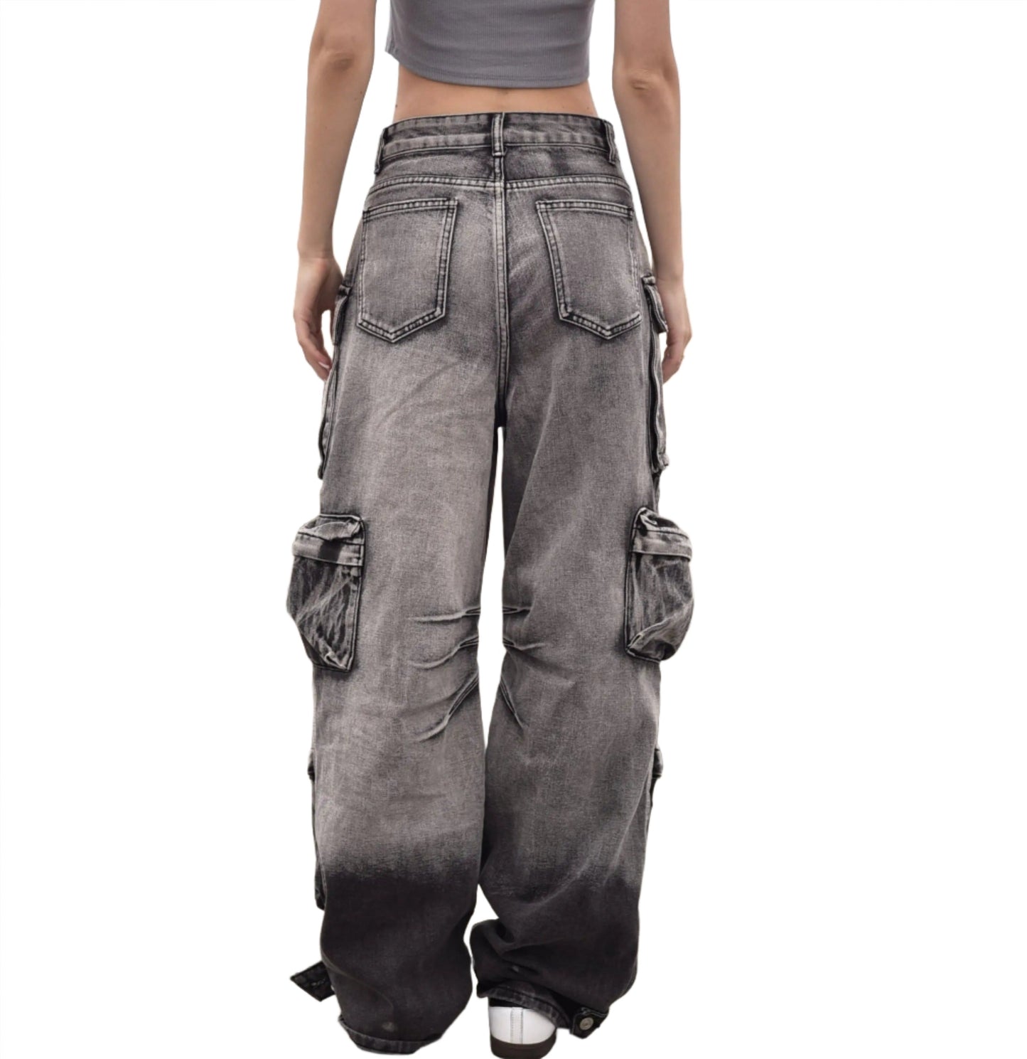 Washed Black Baggy Jeans. Trendy Cargo Pants - QVA COUTURE