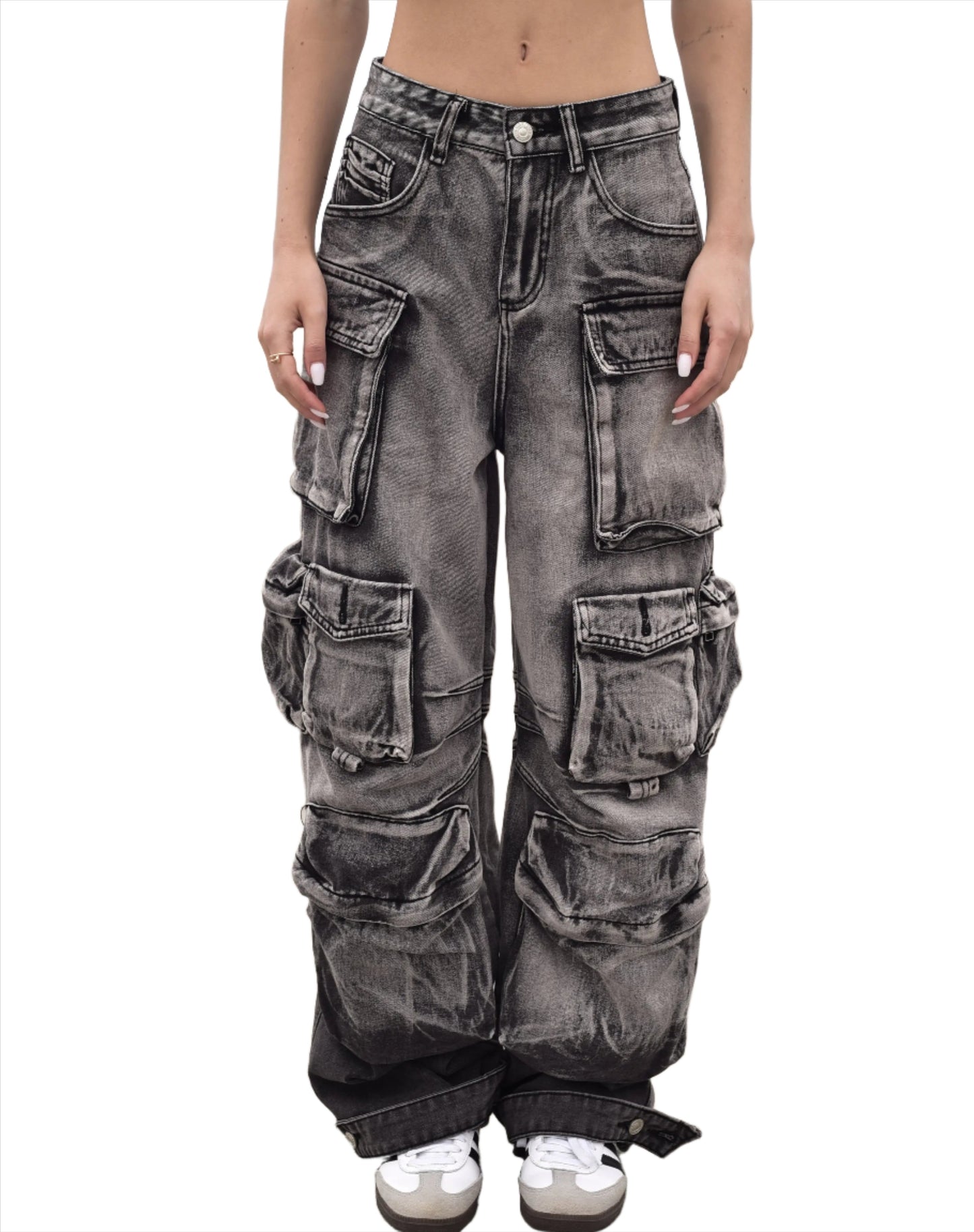 Washed Black Baggy Jeans. Trendy Cargo Pants - QVA COUTURE