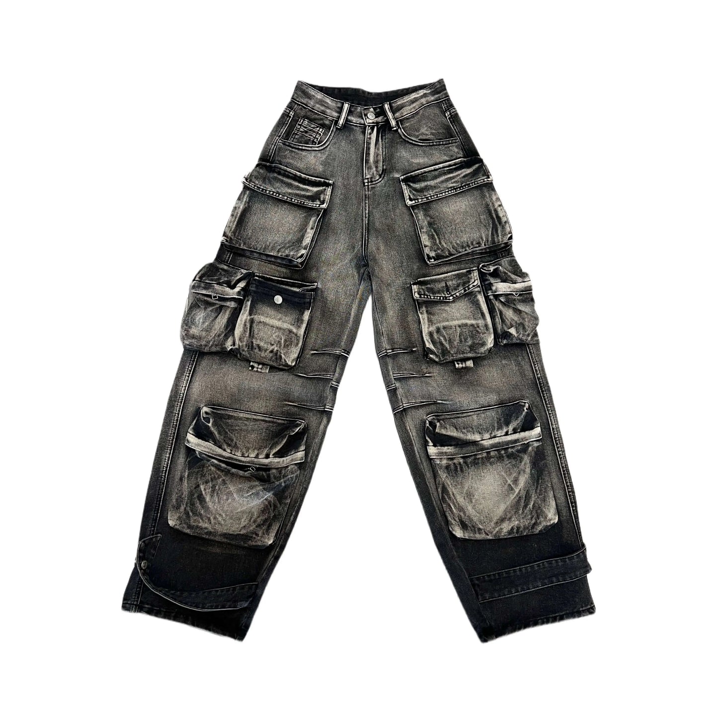 Washed Black Baggy Jeans. Trendy Cargo Pants - QVA COUTURE