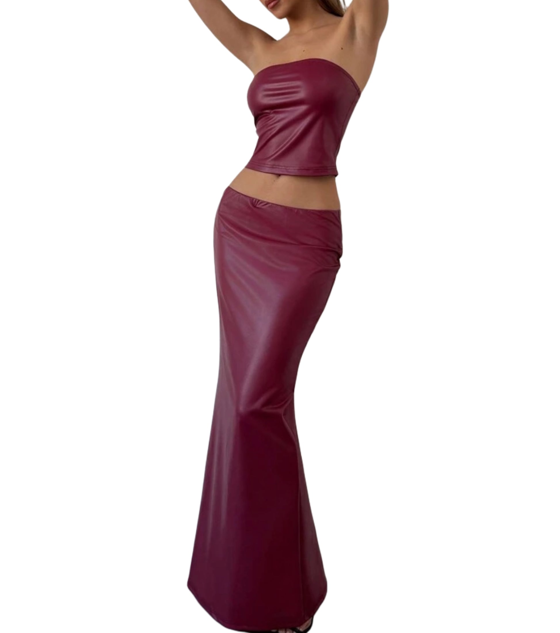 Red Wine Elegant Skinny Vintage Low Waist Skirt & Casual Tube Top Matching Set QVA