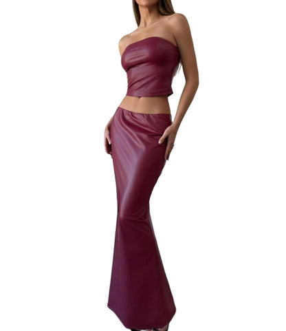 Red Wine Elegant Skinny Vintage Low Waist Skirt & Casual Tube Top Matching Set QVA