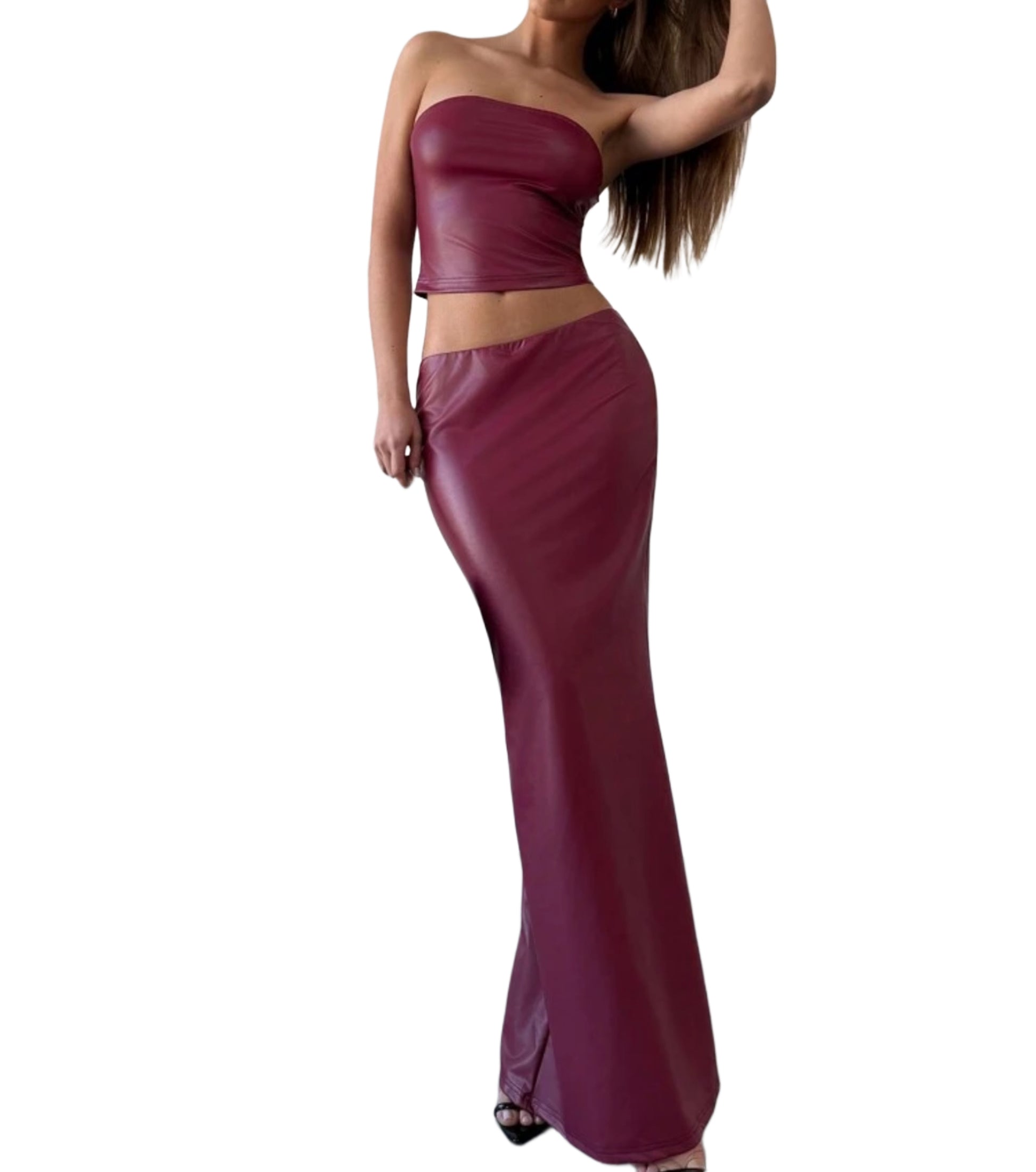 Red Wine Elegant Skinny Vintage Low Waist Skirt & Casual Tube Top Matching Set QVA