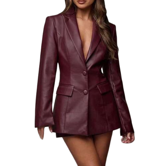 Luxury Red Wine PU Leather Blazer Jacket QVA