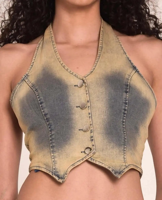 Med Wash Denim Top - QVA COUTURE