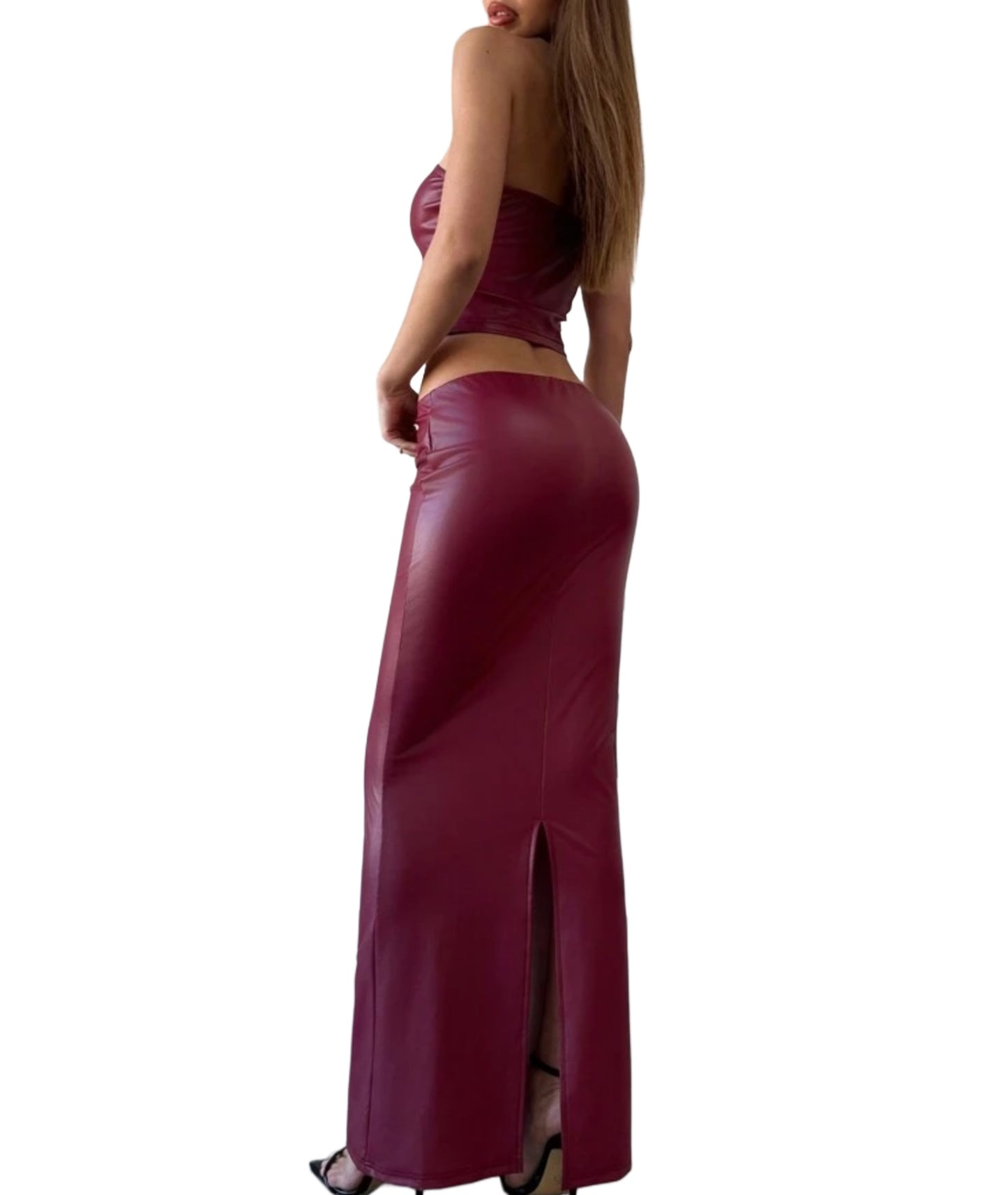 Red Wine Elegant Skinny Vintage Low Waist Skirt & Casual Tube Top Matching Set QVA