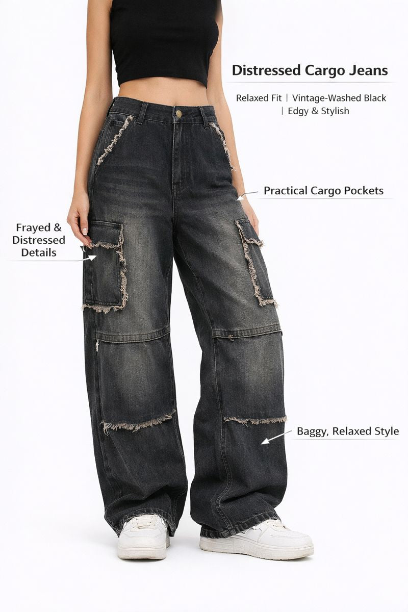 Distressed Denim Trousers. Fashionable Baggy Jeans QVA