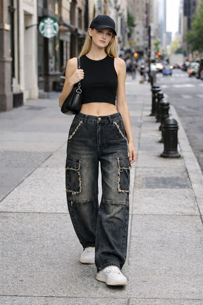 Distressed Denim Trousers. Fashionable Baggy Jeans QVA