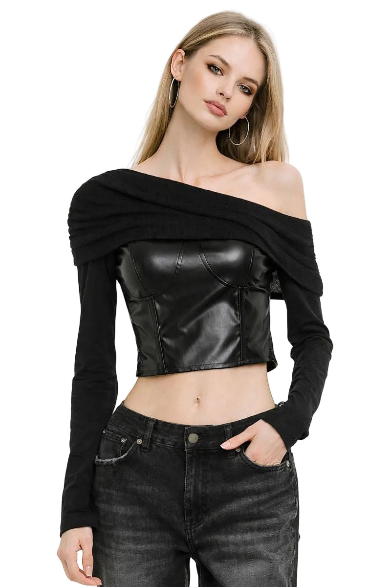 Leather Short Sleeve T-shirt Women. Trendy one-shoulder cut. QVA