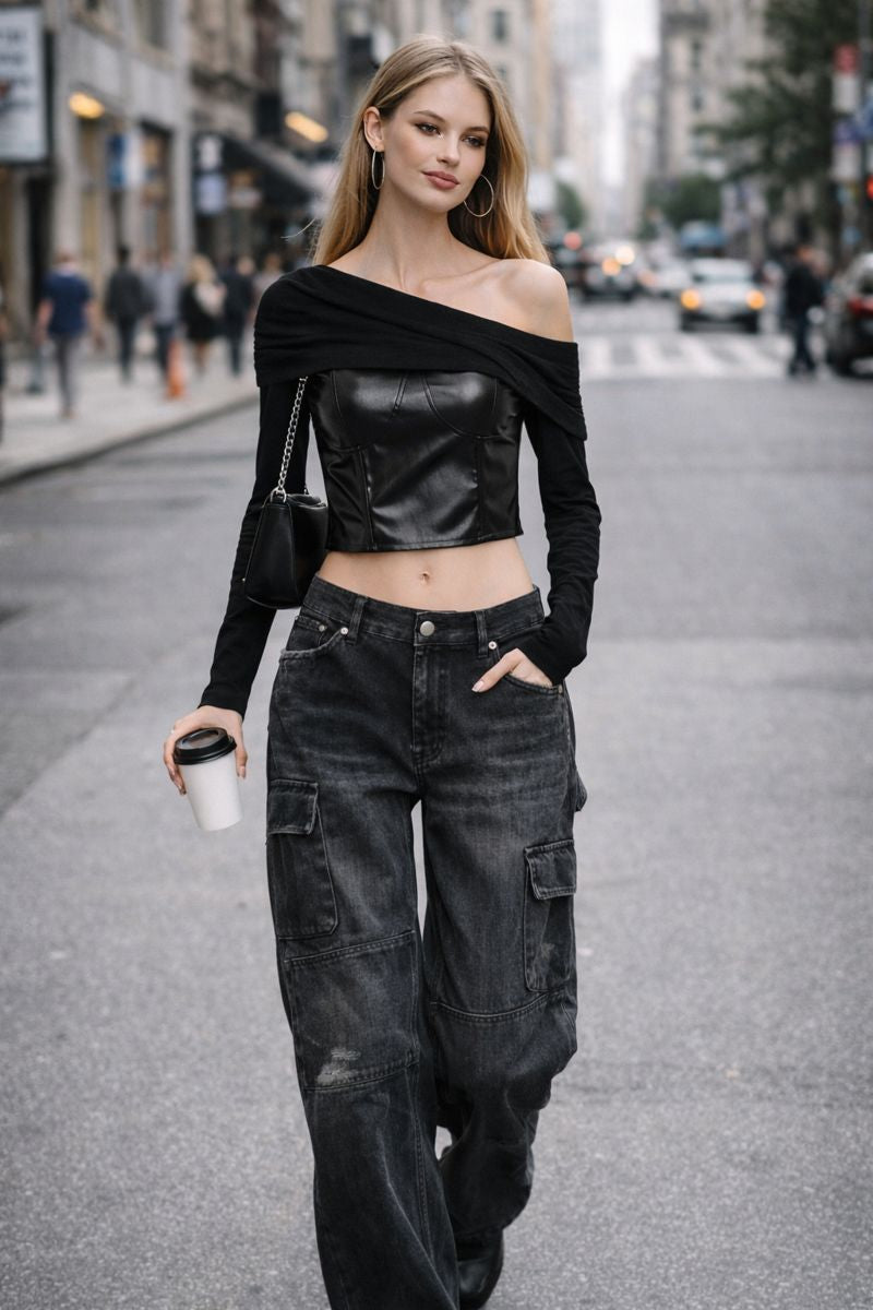 Leather Short Sleeve T-shirt Women. Trendy one-shoulder cut. QVA