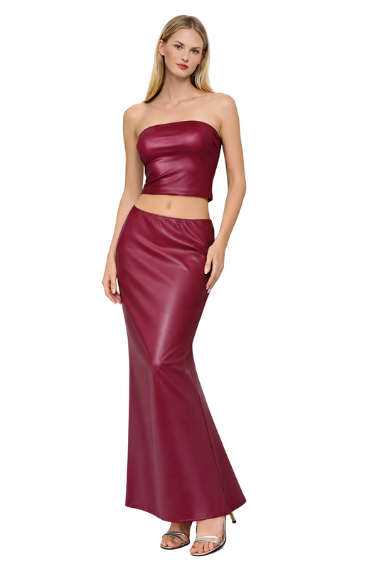 Wine Red Luxury Low Waist Skirt & Casual Tube Top. Matching Leather Set QVA