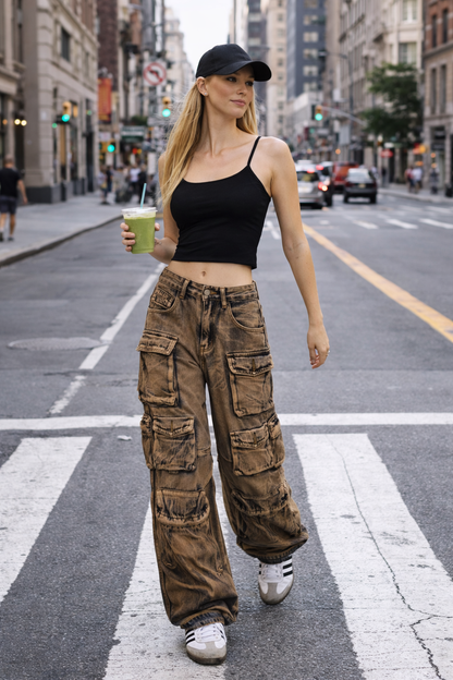 Multiple Pockets Rusty Baggy. Trendy Cargo Pants QVA COUTURE