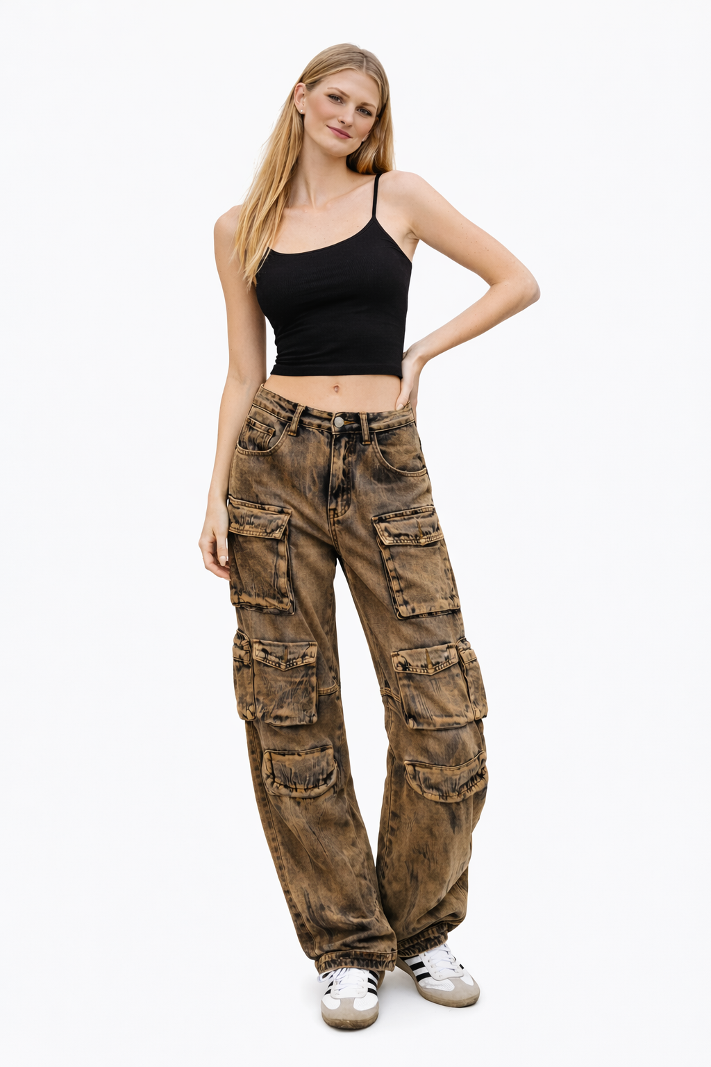 Multiple Pockets Rusty Baggy. Trendy Cargo Pants QVA COUTURE