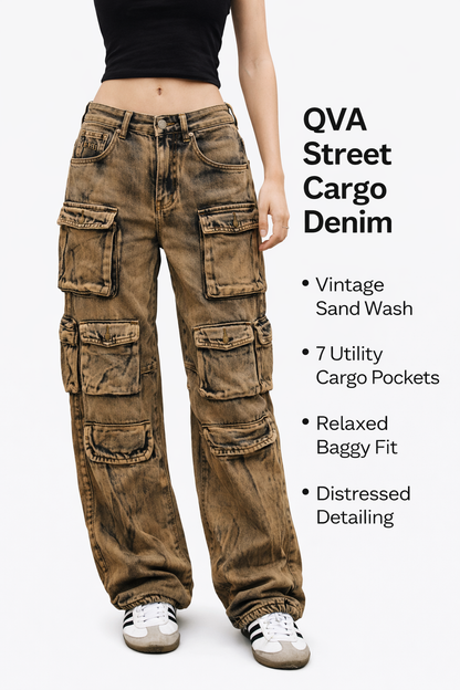 Multiple Pockets Rusty Baggy. Trendy Cargo Pants QVA COUTURE