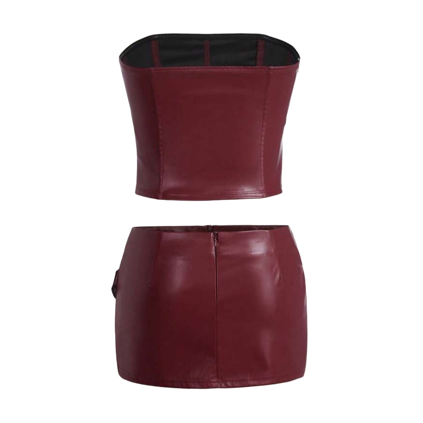 Wine Red Vintage PU Tube Top And Ultra-Short Shorts Two Piece Leather Sets QVA