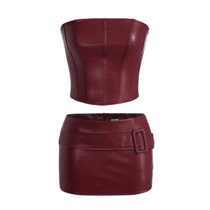 Wine Red Vintage PU Tube Top And Ultra-Short Shorts Two Piece Leather Sets QVA